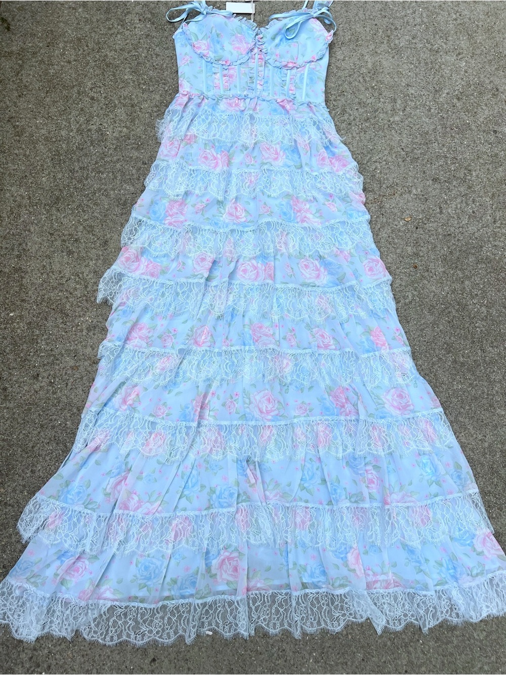NWT Altar’d State Rhiannon Blue Pink Floral Lace Tiered Maxi Dress Small - Picture 5 of 9